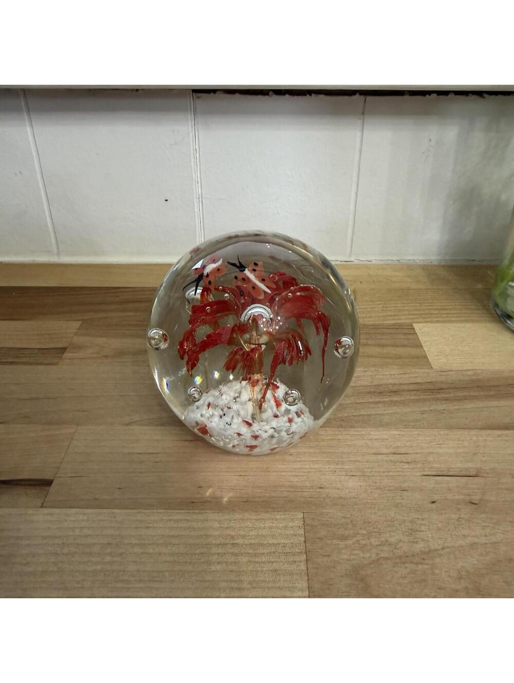 Paperweight Glass Controlled Bubble James Alex Imports Vintage Red Butterfly
